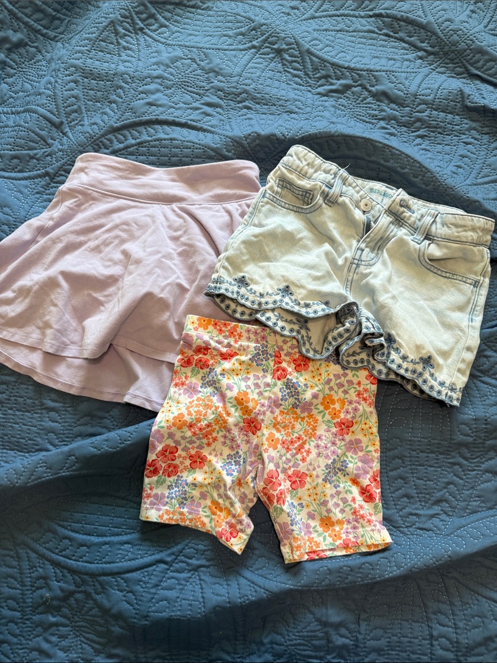 Girls' Lavender Skort, Denim Ruffle Shorts & Floral Bike Shorts - Pastel Multi
